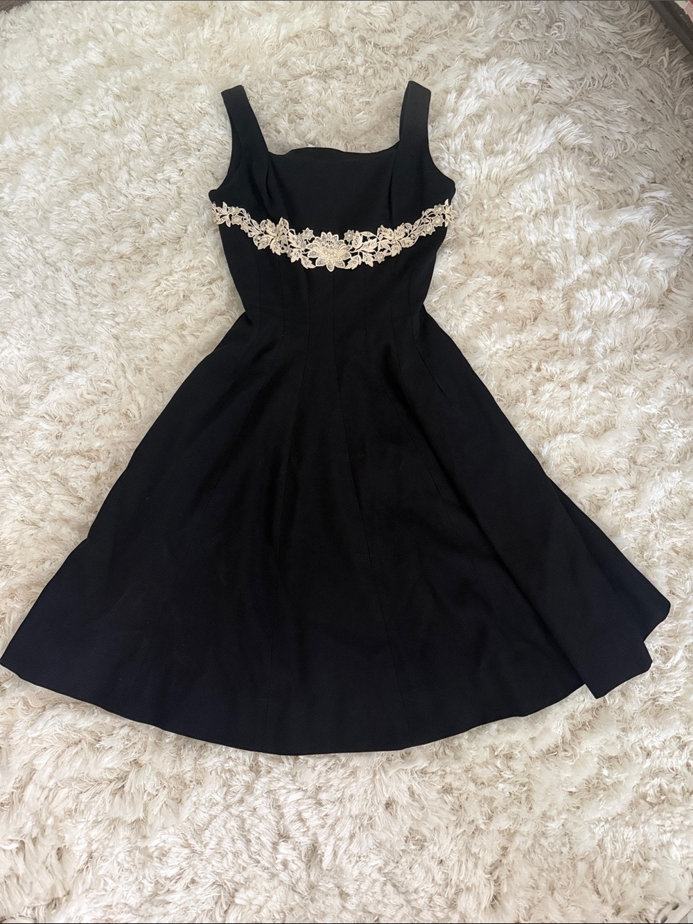 Vintage 1950’s Black Midi Dress with Cream Lace Detail